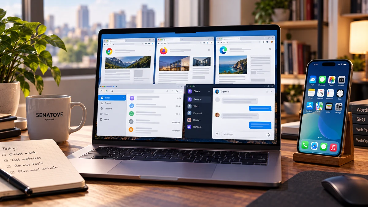 Laptop workspace with multiple browsers, email, chat and mobile apps using internet connections