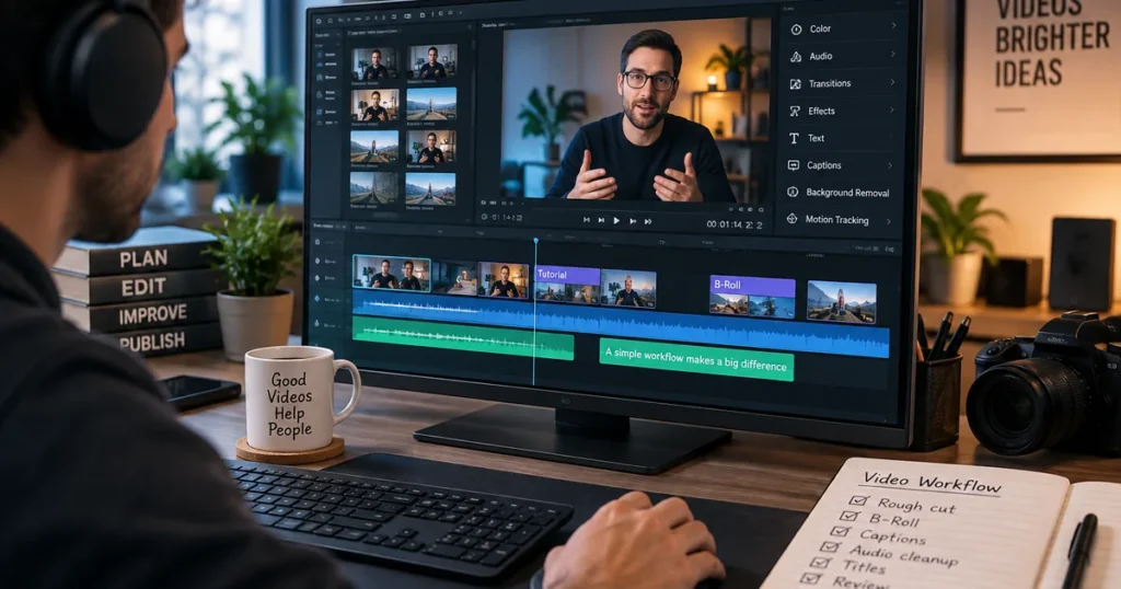 Desktop video editing workflow with timeline, captions and audio
