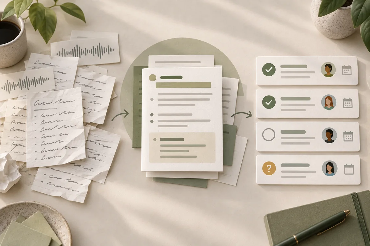 Meeting notes organized into decisions, owners and deadlines
