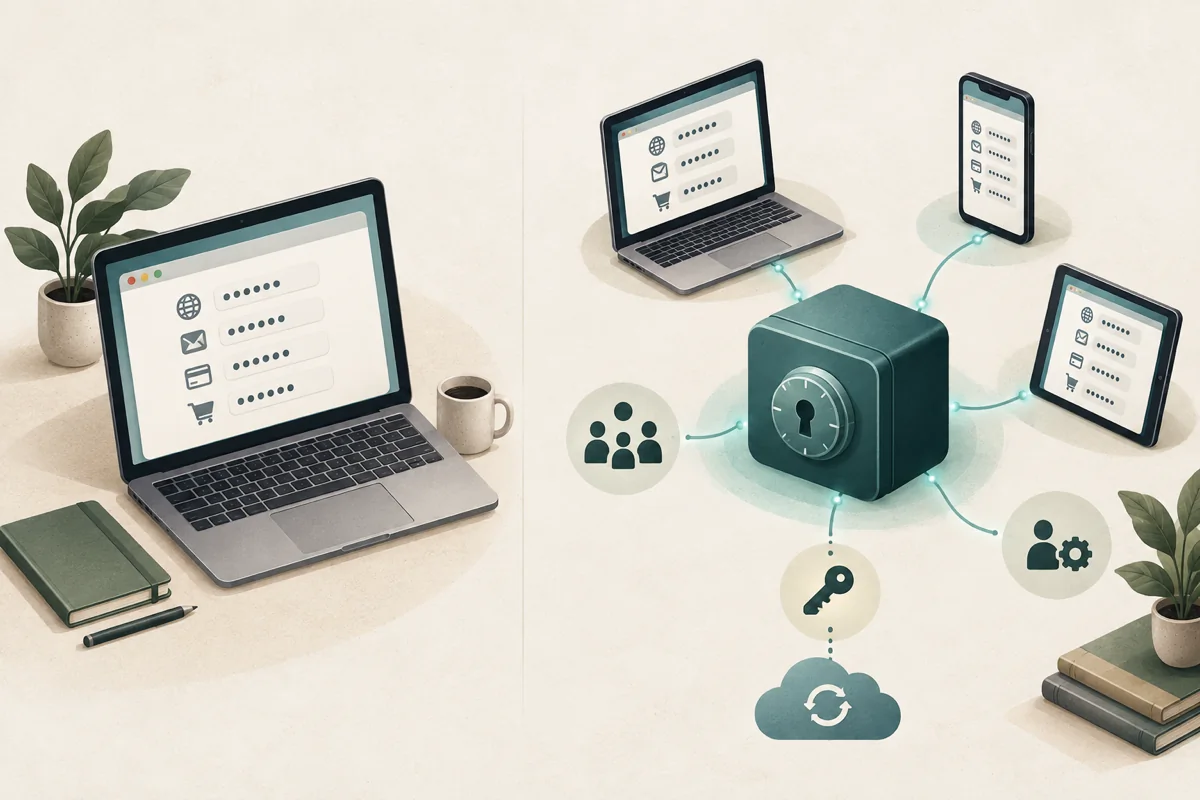 Browser password storage compared with a password vault shared across several devices