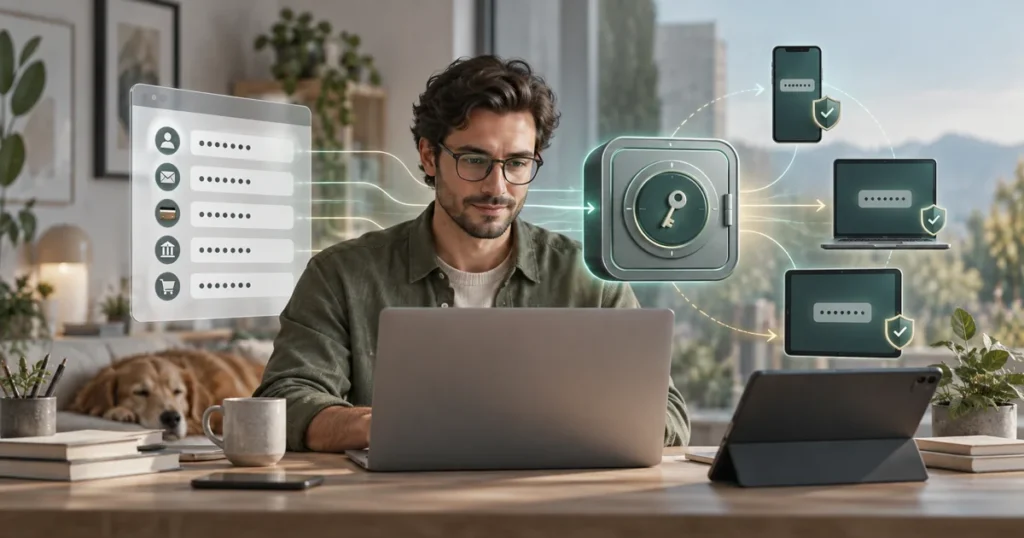 Password manager vault connecting passwords across a laptop, phone, and tablet