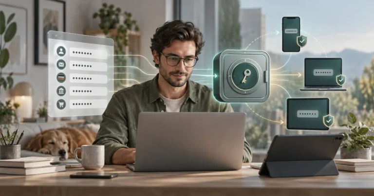 Password manager vault connecting passwords across a laptop, phone, and tablet