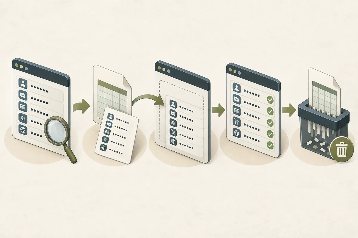 Password migration workflow from inventory and export to verification and secure deletion