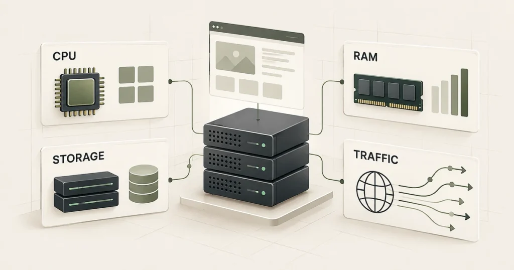 VPS sizing factors including CPU, RAM, storage and traffic